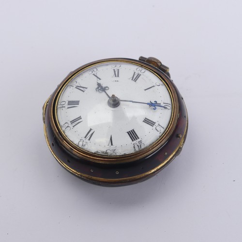 169 - An 18thC gilt metal and tortoiseshell pair cased Pocket Watch, the white enamel dial with black Roma... 