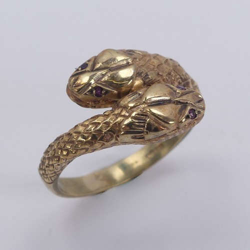 236 - A 9ct yellow gold double snake Ring, with ruby eyes, Birmingham import marks for 1986, Size N, 3.6g.... 