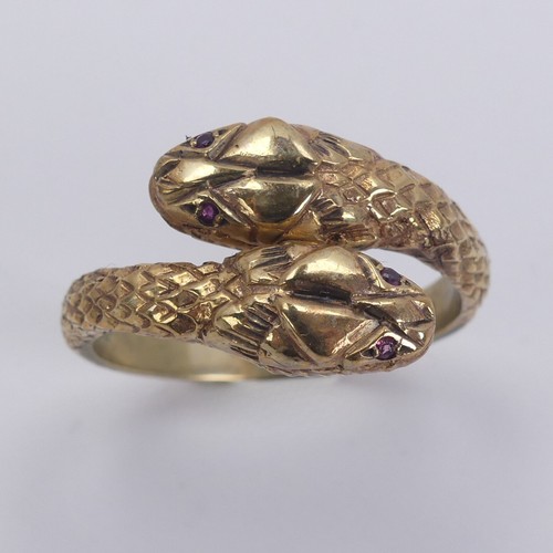 236 - A 9ct yellow gold double snake Ring, with ruby eyes, Birmingham import marks for 1986, Size N, 3.6g.... 