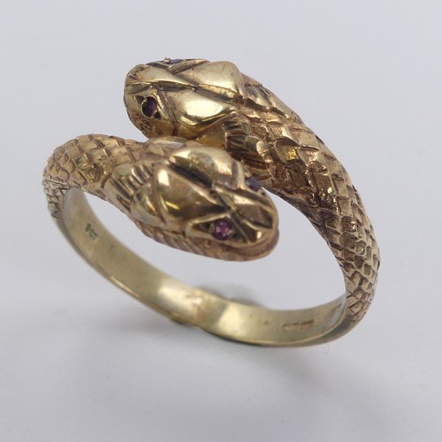 236 - A 9ct yellow gold double snake Ring, with ruby eyes, Birmingham import marks for 1986, Size N, 3.6g.... 