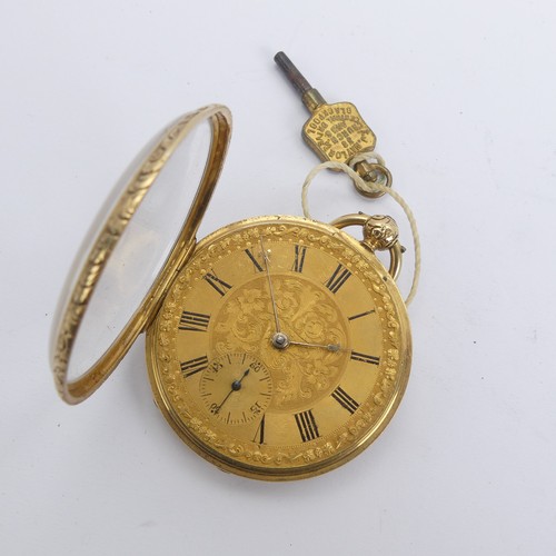 131 - An early Victorian 18ct gold open face Pocket Watch, the gilt dial with folaite decoration, Roman nu... 