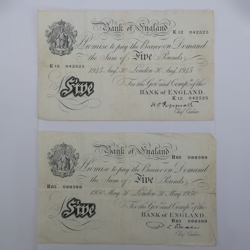 352 - Bank of England 'White' Five Pounds (£5); one dated 30th August 1945, K12 042525, Chief Cashier Pepp... 