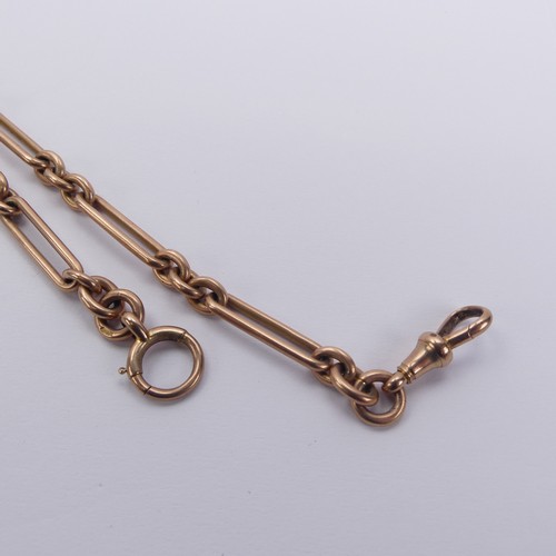 132 - A 9ct rose gold Watch Chain, one end with bolt ring, the other clip fitting, the T-Bar suspended fro... 