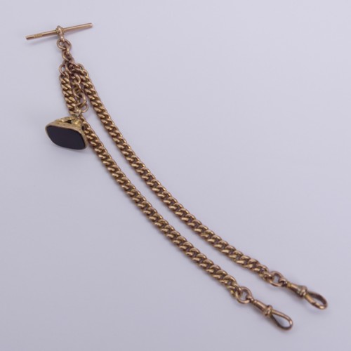 133 - A 9ct gold double 'Albert' Watch Chain, the T-Bar suspending two curb link chains, each with clip fi... 