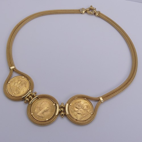 264 - An 18ct yellow gold Necklace, the front set with three Elizabeth II gold sovereigns, dated 1958, and... 