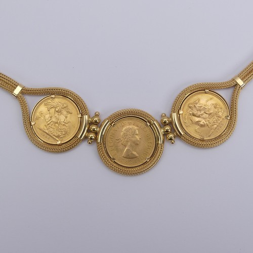 264 - An 18ct yellow gold Necklace, the front set with three Elizabeth II gold sovereigns, dated 1958, and... 