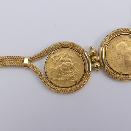 264 - An 18ct yellow gold Necklace, the front set with three Elizabeth II gold sovereigns, dated 1958, and... 