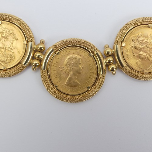 264 - An 18ct yellow gold Necklace, the front set with three Elizabeth II gold sovereigns, dated 1958, and... 