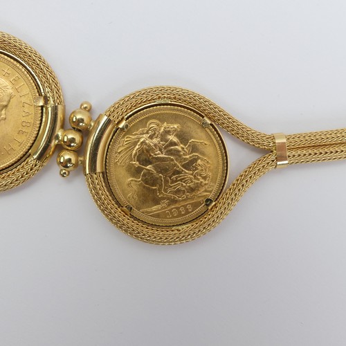 264 - An 18ct yellow gold Necklace, the front set with three Elizabeth II gold sovereigns, dated 1958, and... 