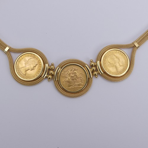 264 - An 18ct yellow gold Necklace, the front set with three Elizabeth II gold sovereigns, dated 1958, and... 