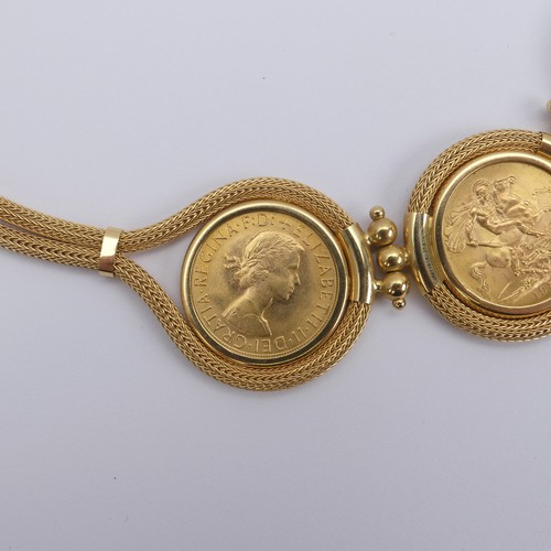 264 - An 18ct yellow gold Necklace, the front set with three Elizabeth II gold sovereigns, dated 1958, and... 