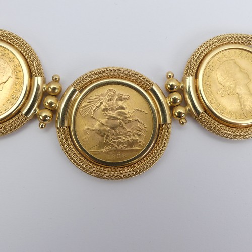 264 - An 18ct yellow gold Necklace, the front set with three Elizabeth II gold sovereigns, dated 1958, and... 