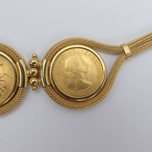 264 - An 18ct yellow gold Necklace, the front set with three Elizabeth II gold sovereigns, dated 1958, and... 