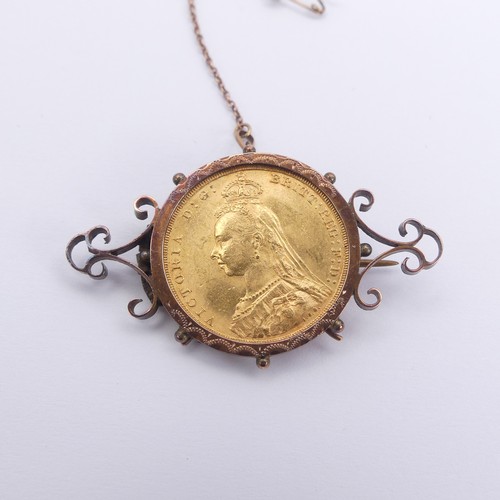 353 - A Victorian gold Sovereign, dated 1890, Sydney mint mark, in a 9ct gold brooch mount, total weight 1... 