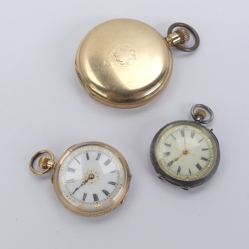 136 - A 14k gold lady's Fob Watch, the white enamel dial with gilt decoration and Roman numerals, manual c... 