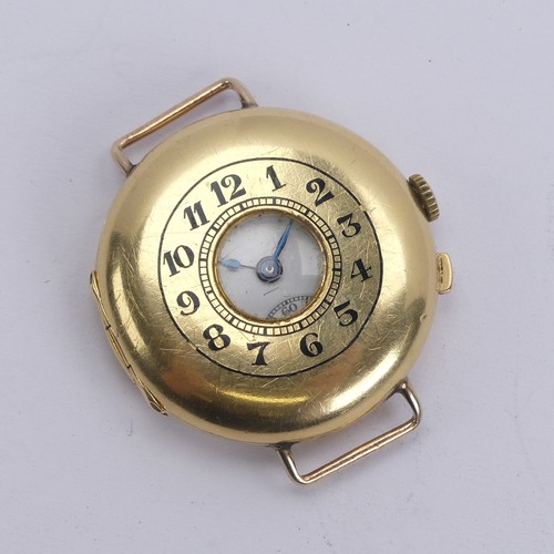 138 - An 18ct yellow gold half-hunter Wristwatch, white enamel dial with Arabic numerals and subsidiary se... 