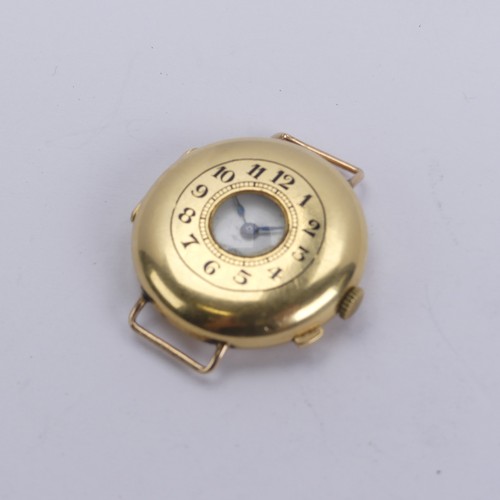 138 - An 18ct yellow gold half-hunter Wristwatch, white enamel dial with Arabic numerals and subsidiary se... 