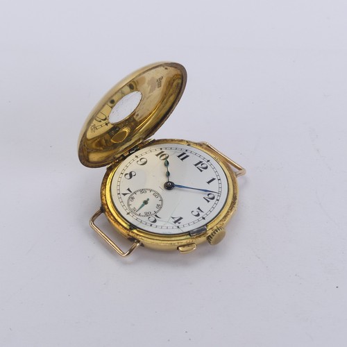 138 - An 18ct yellow gold half-hunter Wristwatch, white enamel dial with Arabic numerals and subsidiary se... 