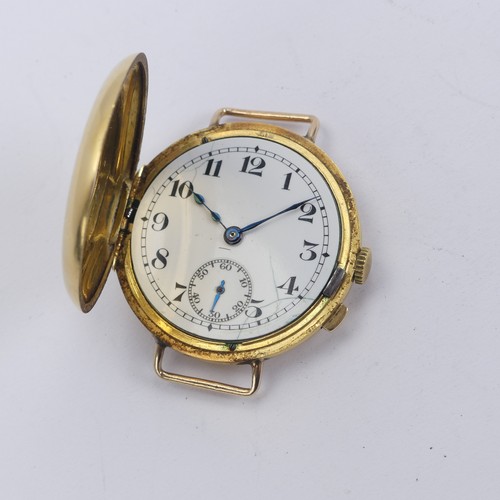 138 - An 18ct yellow gold half-hunter Wristwatch, white enamel dial with Arabic numerals and subsidiary se... 