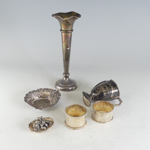 108 - A quantity of damaged Silver, including two napkin rings, a spill vase with weighted base etc., weig... 