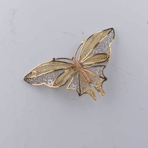 277 - A 9ct tri-colour gold filigree butterly Brooch, 5.5cm wide, 4.5g.