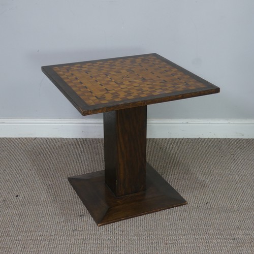 551 - An Arts and Crafts oak and inlaid Table, the square top with geometric inlay raised on central pilla... 