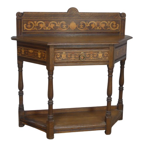 555 - An Arts & Crafts inlaid oak side Table, by James Shoolbred & Co, the raised back with stylis... 