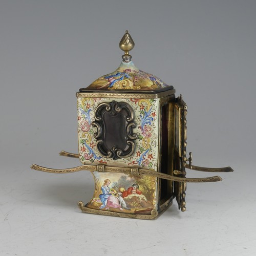 101 - A 19thC Viennese silver gilt and enamel miniature Sedan Chair, the hinged door revealing glazed shel... 