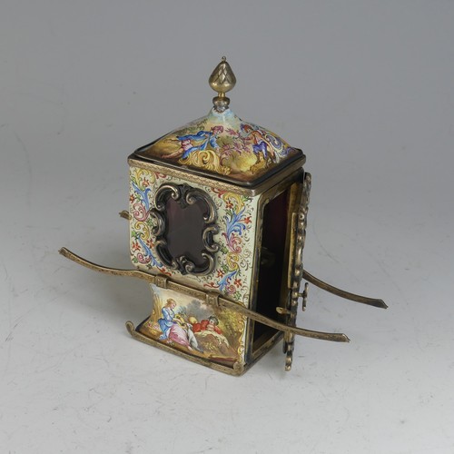 101 - A 19thC Viennese silver gilt and enamel miniature Sedan Chair, the hinged door revealing glazed shel... 