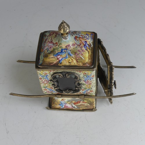 101 - A 19thC Viennese silver gilt and enamel miniature Sedan Chair, the hinged door revealing glazed shel... 