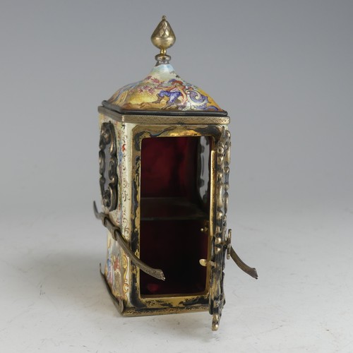 101 - A 19thC Viennese silver gilt and enamel miniature Sedan Chair, the hinged door revealing glazed shel... 