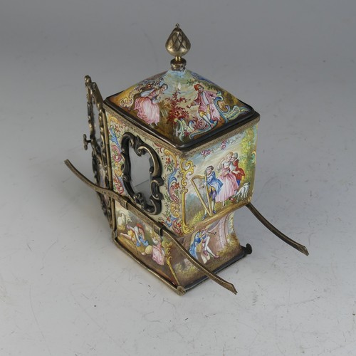 101 - A 19thC Viennese silver gilt and enamel miniature Sedan Chair, the hinged door revealing glazed shel... 