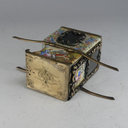 101 - A 19thC Viennese silver gilt and enamel miniature Sedan Chair, the hinged door revealing glazed shel... 