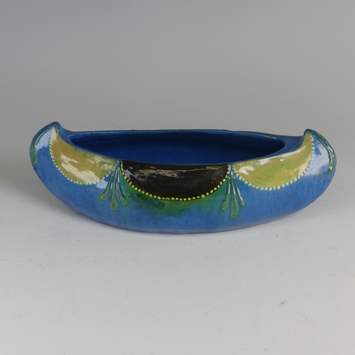 49 - William Fishley Holland (1888-1971) an unusual Braunton pottery navette shaped Dish, decorated in bl... 