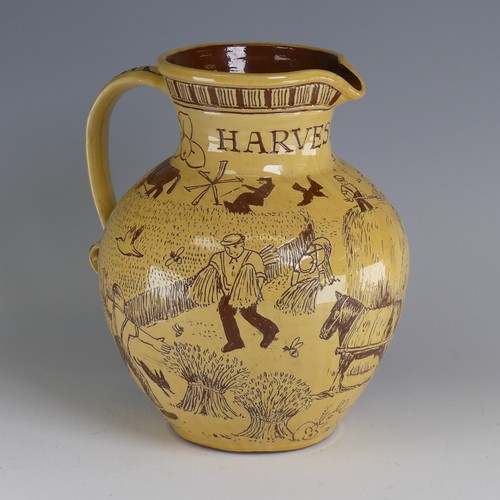 Harry Juniper (b. 1947) a Bideford Pottery Harvest Jug, titled 'Harvest Time' with sgraffito depictions of farmers working the harvest, alongside horse and carts, church, owls, etc. signed and dated 2019 beneath handle, H 26.5cm.