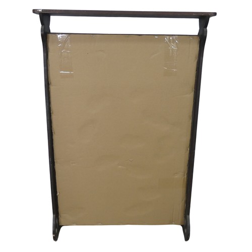 556 - An Arts and Crafts oak framed fire Screen, with centrally embroidered panel depicting a peacock, W 6... 