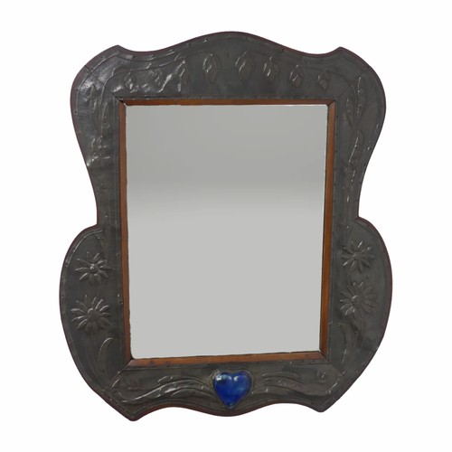 538 - An Arts and Crafts copper Mirror inset with ruskin heart, frame embossed with stylised flowers, W 39... 