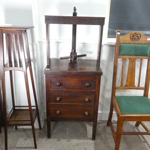 607 - A George III oak Book Press on Chest of Drawers, the rectangular press with turned thread and acorn ... 