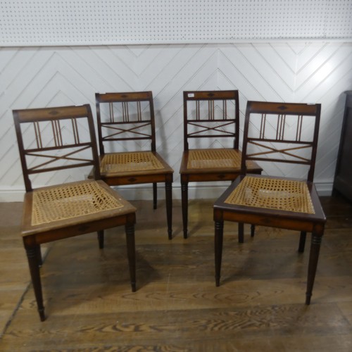 630 - A set of four antique Aesthetic style dining Chairs, with caned seats, W 48 cm x H 84 cm x D 50 cm, ... 