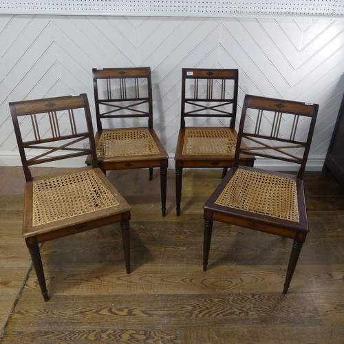 630 - A set of four antique Aesthetic style dining Chairs, with caned seats, W 48 cm x H 84 cm x D 50 cm, ... 