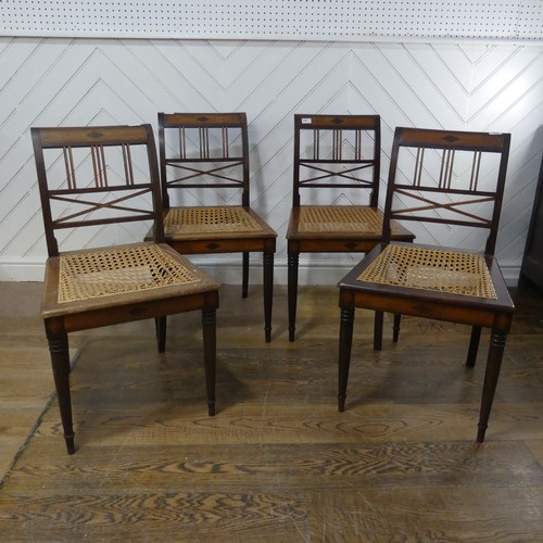 630 - A set of four antique Aesthetic style dining Chairs, with caned seats, W 48 cm x H 84 cm x D 50 cm, ... 