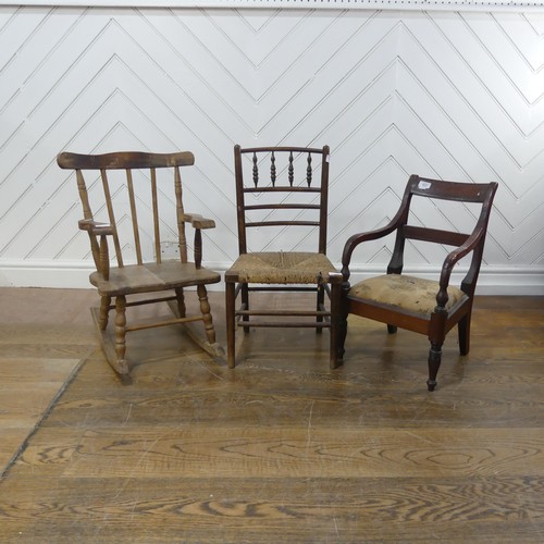 627 - An 19th century child's rocking Chair, W 39 cm x H 63.5 cm x D 54 cm, together with two other antiqu... 