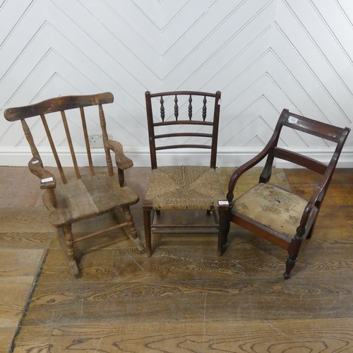 627 - An 19th century child's rocking Chair, W 39 cm x H 63.5 cm x D 54 cm, together with two other antiqu... 