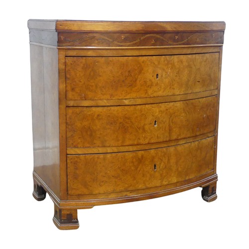 632 - A George III burr walnut and mahogany bowfront Chest of drawers, of small proportions, the bowed top... 