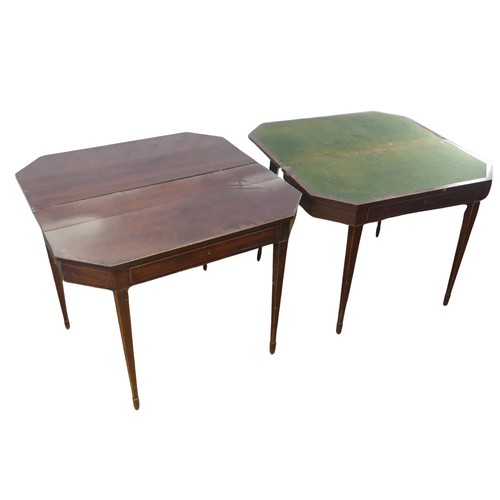 631 - A pair of 19th century mahogany card Tables, the folding tops over singular frieze drawers, raised o... 