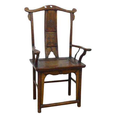 616 - An antique Chinese elm Armchair, with carved decorations, W 66c m x H 118 cm x D 52 cm.... 