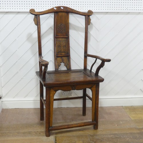 616 - An antique Chinese elm Armchair, with carved decorations, W 66c m x H 118 cm x D 52 cm.... 