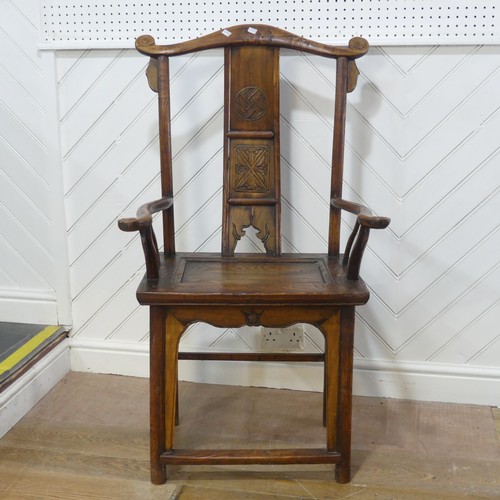 616 - An antique Chinese elm Armchair, with carved decorations, W 66c m x H 118 cm x D 52 cm.... 