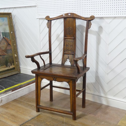 616 - An antique Chinese elm Armchair, with carved decorations, W 66c m x H 118 cm x D 52 cm.... 