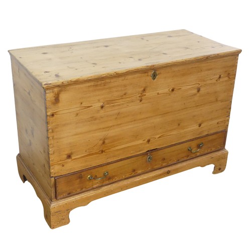 605 - A 19th century pine mule Chest, with hinged top over single drawer, raised on bracket feet, W 104 cm... 